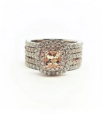 Morganite Ring with Double Diamond Halo and Jacket Band in 14k Rose Gold