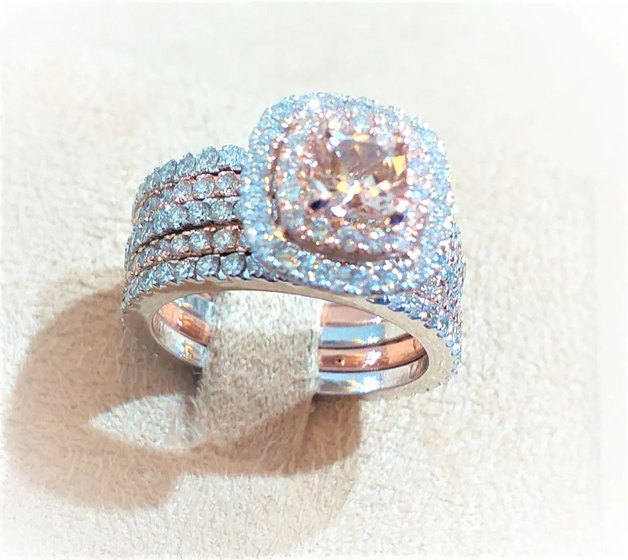 Morganite Ring with Double Diamond Halo and Jacket Band in 14k Rose Gold