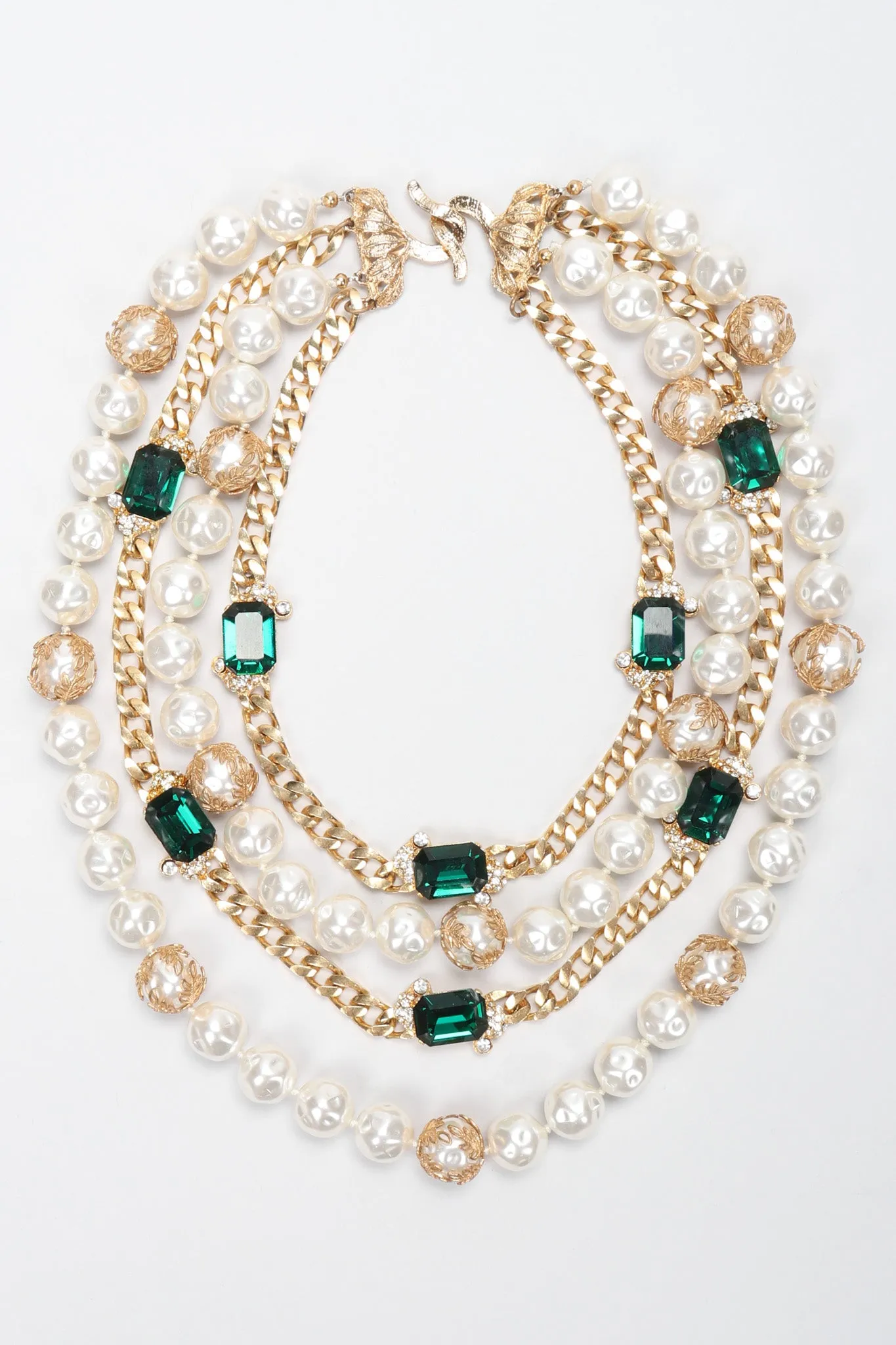 Multi-Strand Emerald Pearl Chain Necklace
