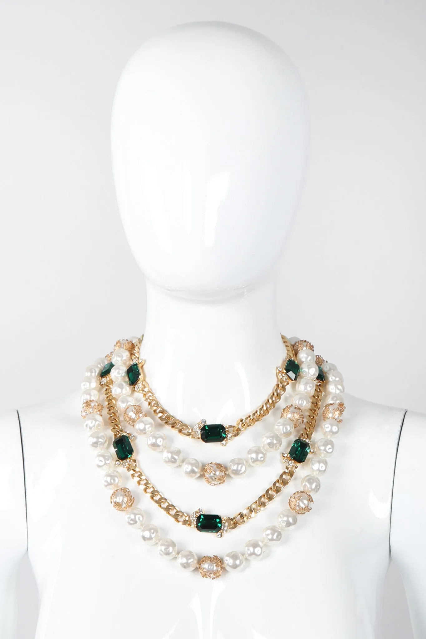 Multi-Strand Emerald Pearl Chain Necklace