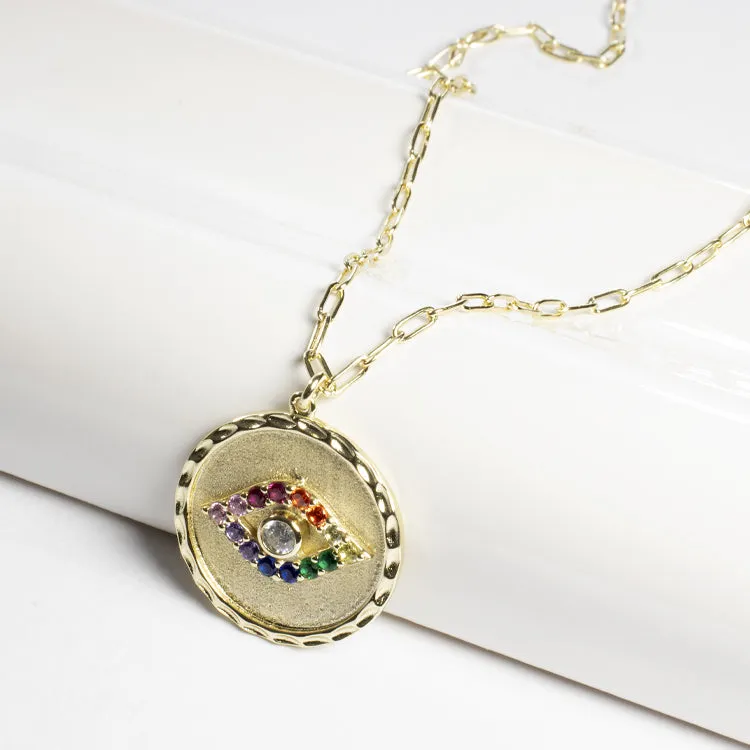 Multicolor Evil Eye Coin Pendant Necklace - Gold