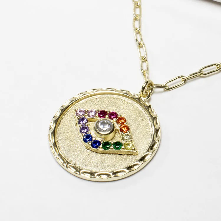 Multicolor Evil Eye Coin Pendant Necklace - Gold