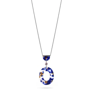 NAVY ACETATE RESIN OVAL HEMATITE PENDANT NECKLACE #SWKK-11621NAV (OD15)