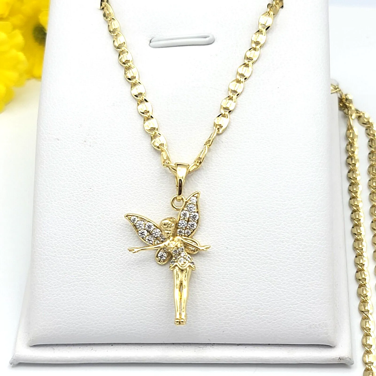 Necklaces - 14K Gold Plated. Angel Fairy Tale Wings CZ Crystal Pendant & Chain.