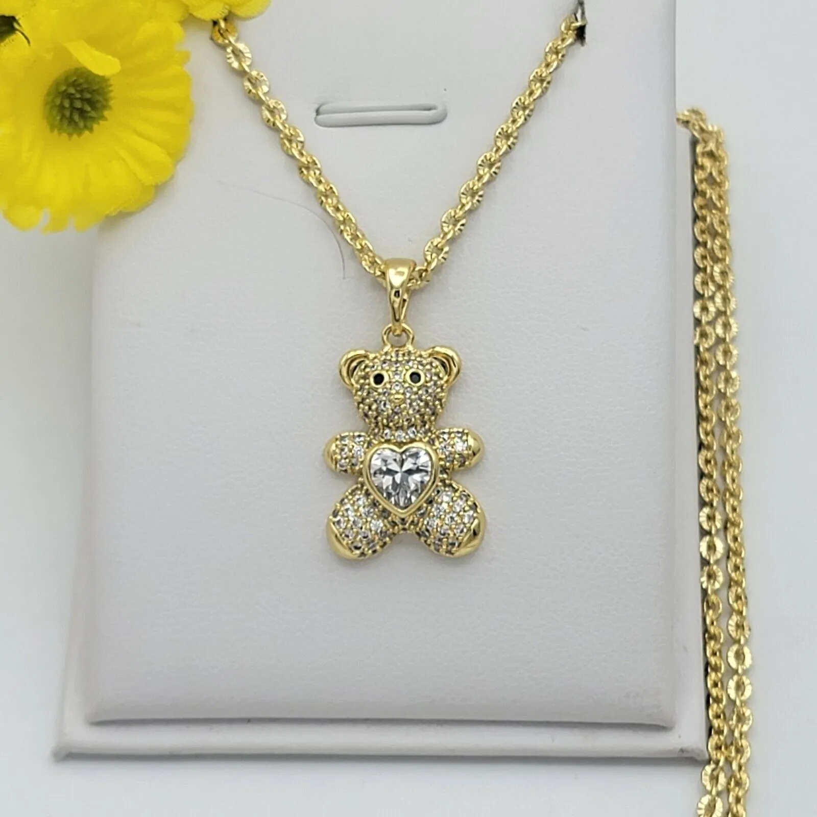 Necklaces - 14K Gold Plated. Icy Crystal Bear Pendant & Chain.