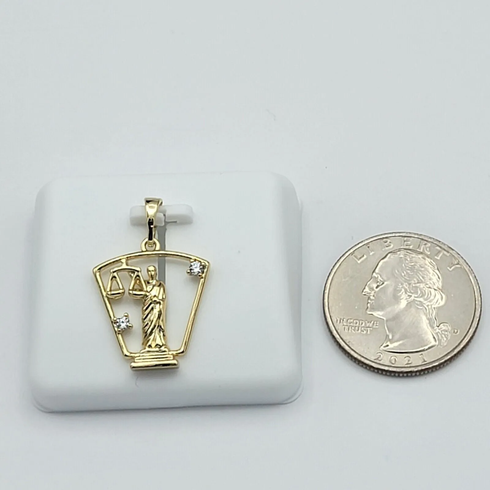 Necklaces - 14K Gold Plated. Lady Scale of Justice Statue Crystal Pendant & Chain.