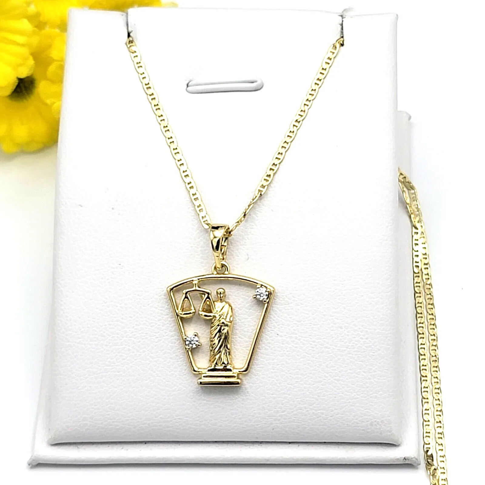 Necklaces - 14K Gold Plated. Lady Scale of Justice Statue Crystal Pendant & Chain.
