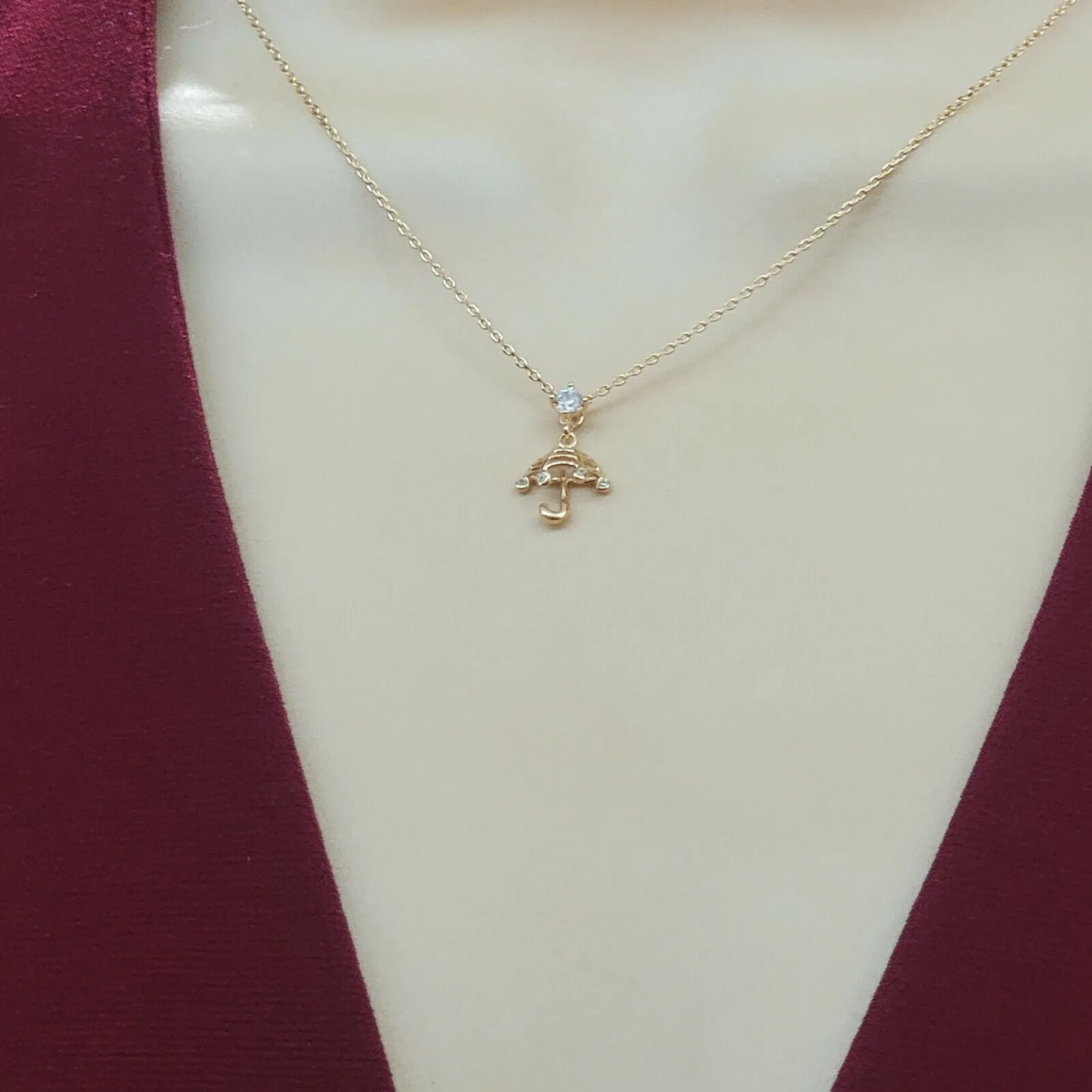 Necklaces - 18K Gold Plated. Mary Poppins Small CZ Umbrella Pendant & Chain.