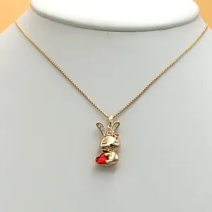 Necklaces - 18K Gold Plated. Rabbit Bunny Pendant & Chain - Red Heart Crystal Bow