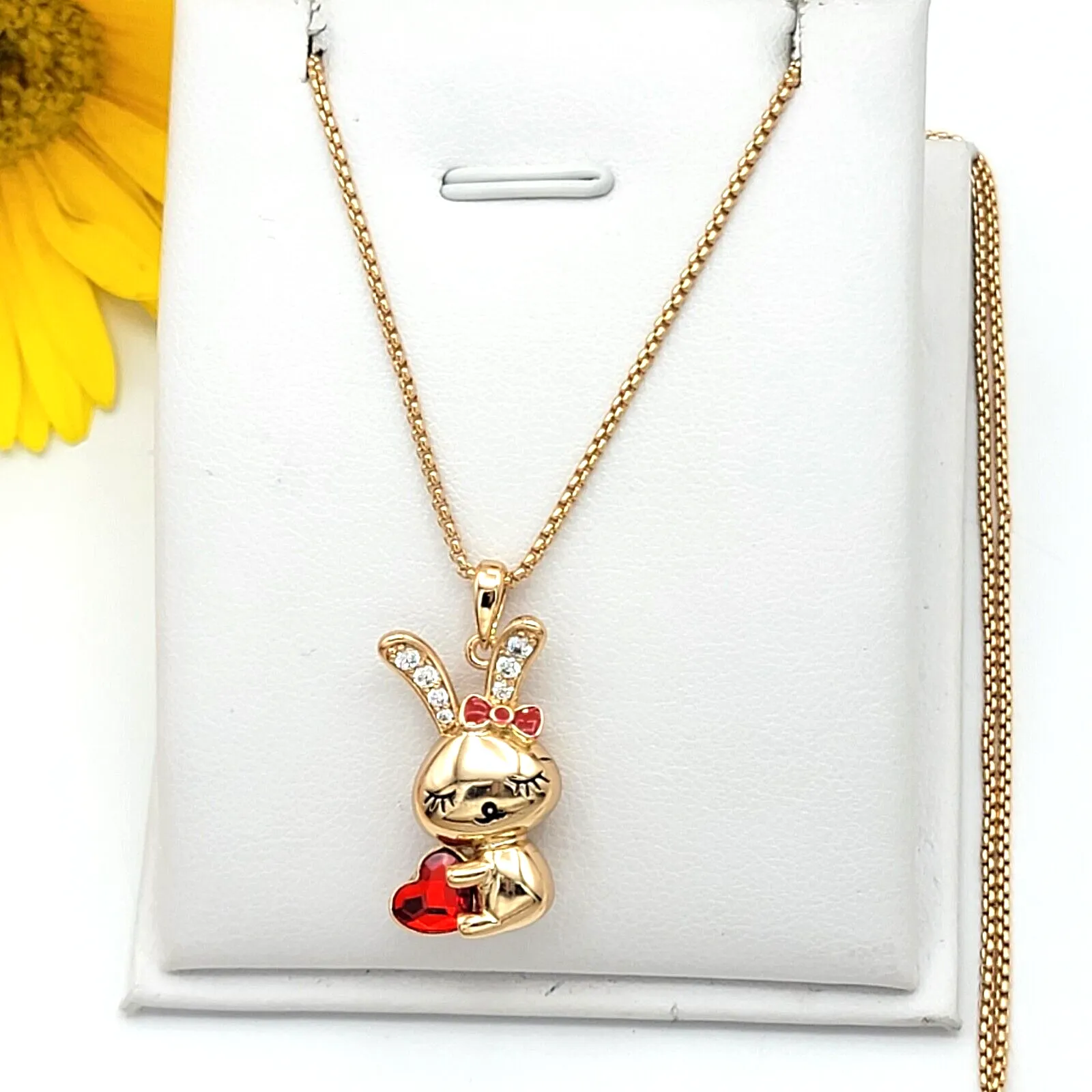 Necklaces - 18K Gold Plated. Rabbit Bunny Pendant & Chain - Red Heart Crystal Bow