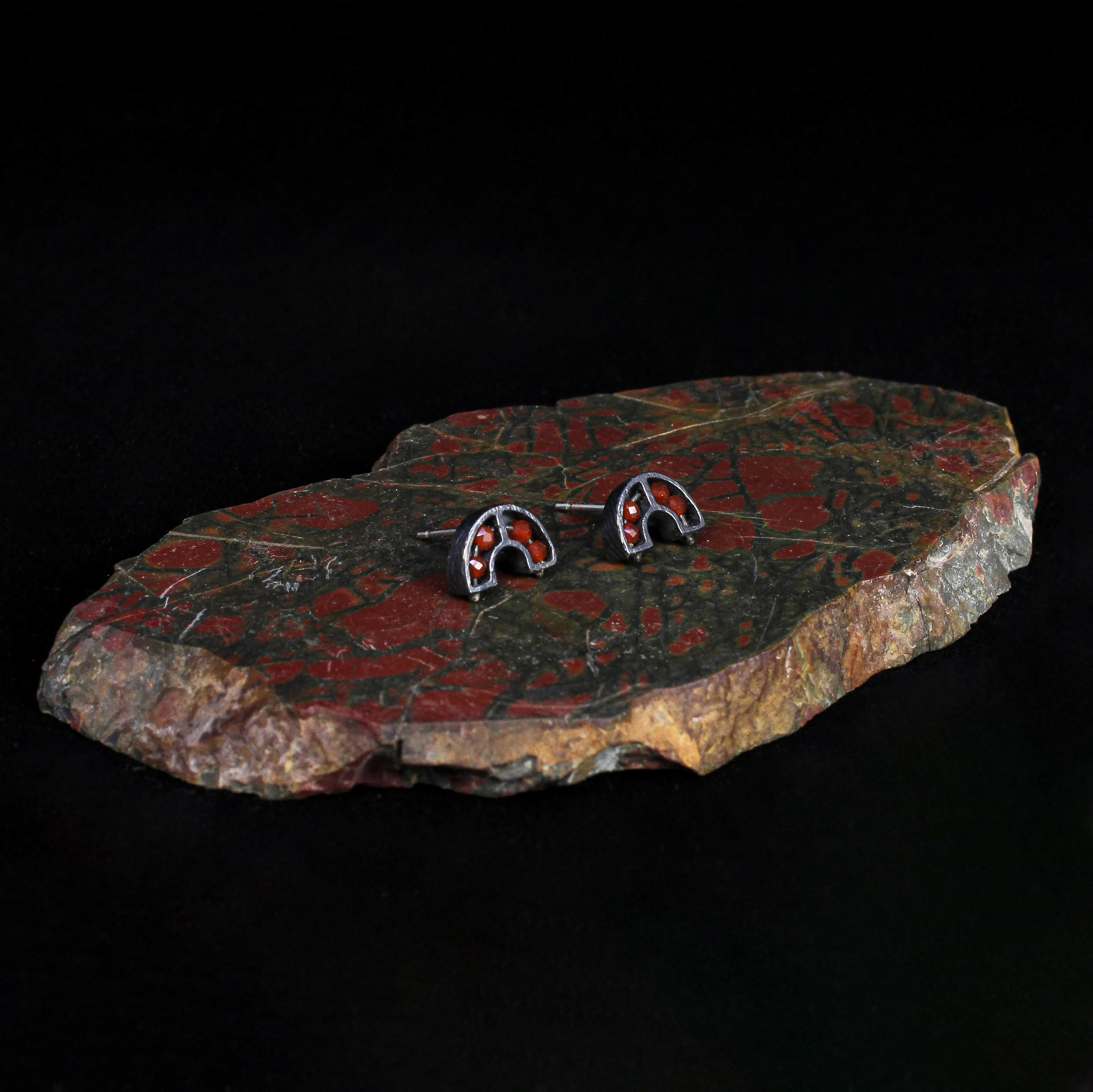 NEW! Carved Rainbow Segment Studs with Carnelian by Heather Guidero