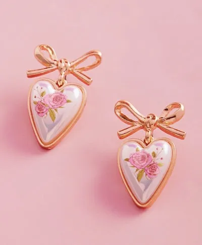 NEW! PINK FLOWER HEART EARRINGS