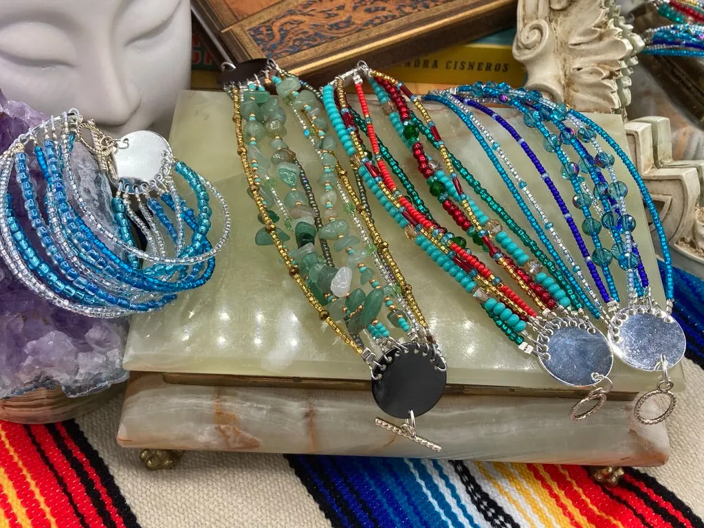 Ocean Blue Waves Nine Stands Glass Beaded Bracelet, Chunky Bohemian Style Jewelry, Hippie Nature Lover, Boho Shabby Chic, Starry Night Sky