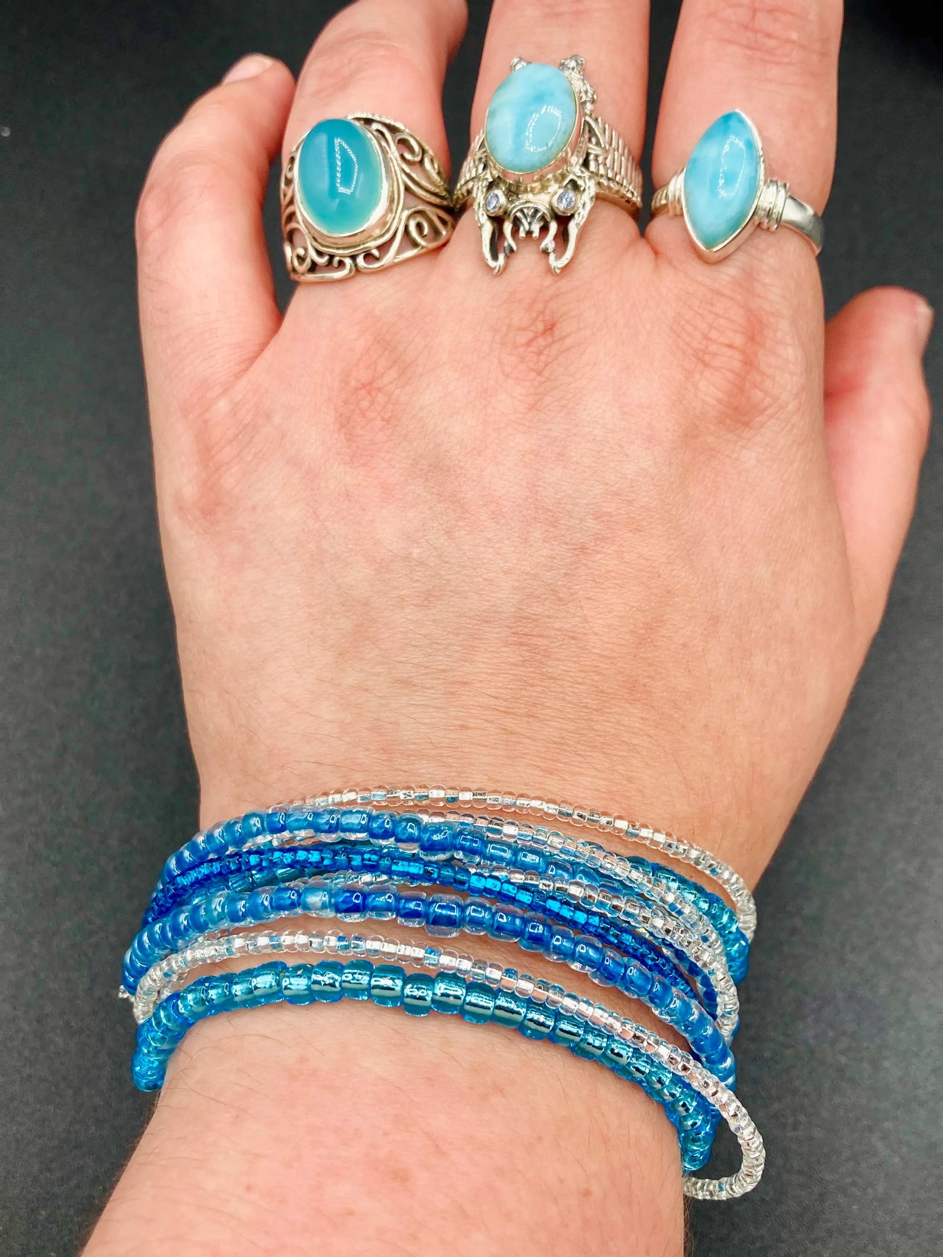 Ocean Blue Waves Nine Stands Glass Beaded Bracelet, Chunky Bohemian Style Jewelry, Hippie Nature Lover, Boho Shabby Chic, Starry Night Sky
