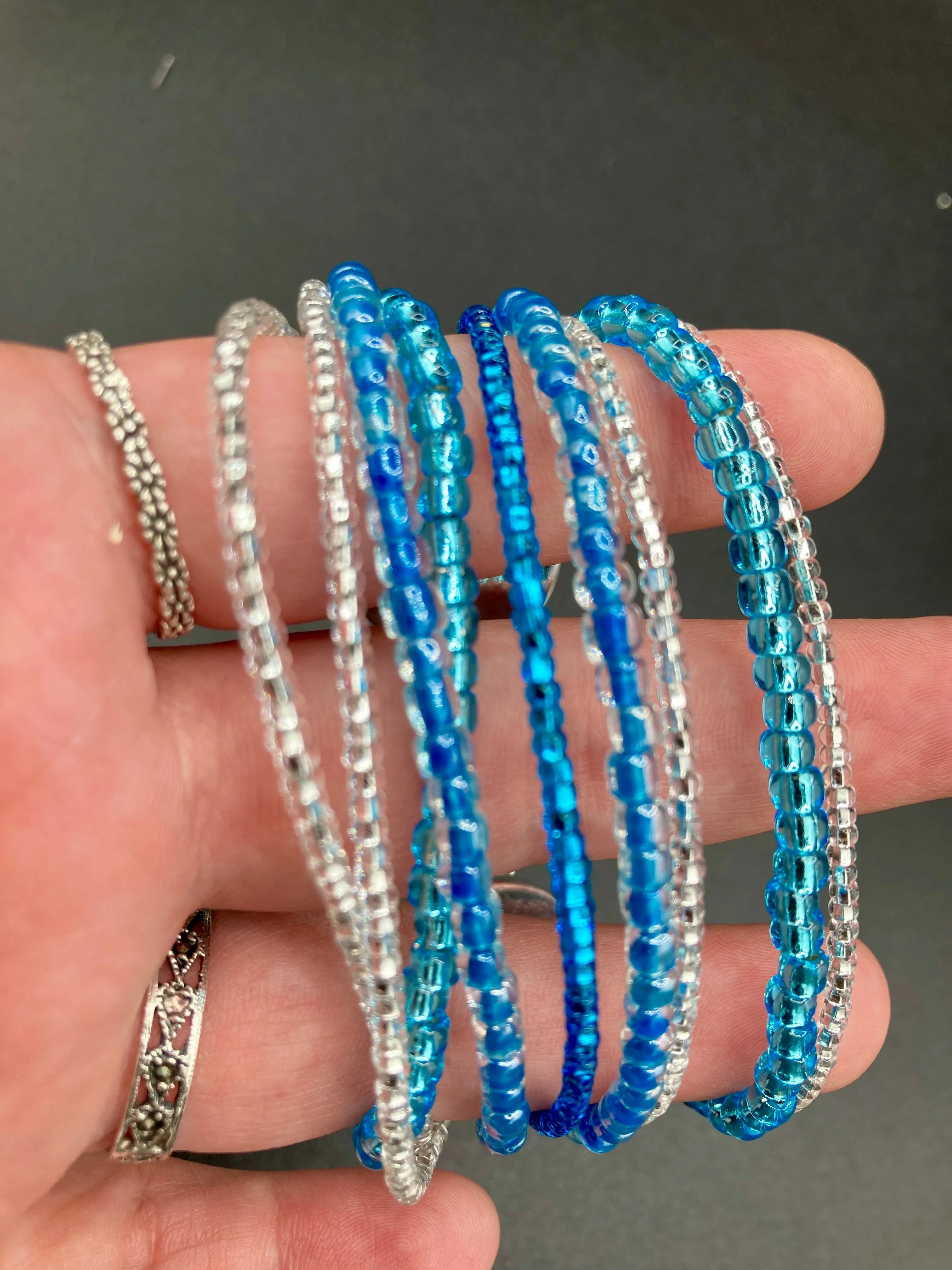 Ocean Blue Waves Nine Stands Glass Beaded Bracelet, Chunky Bohemian Style Jewelry, Hippie Nature Lover, Boho Shabby Chic, Starry Night Sky
