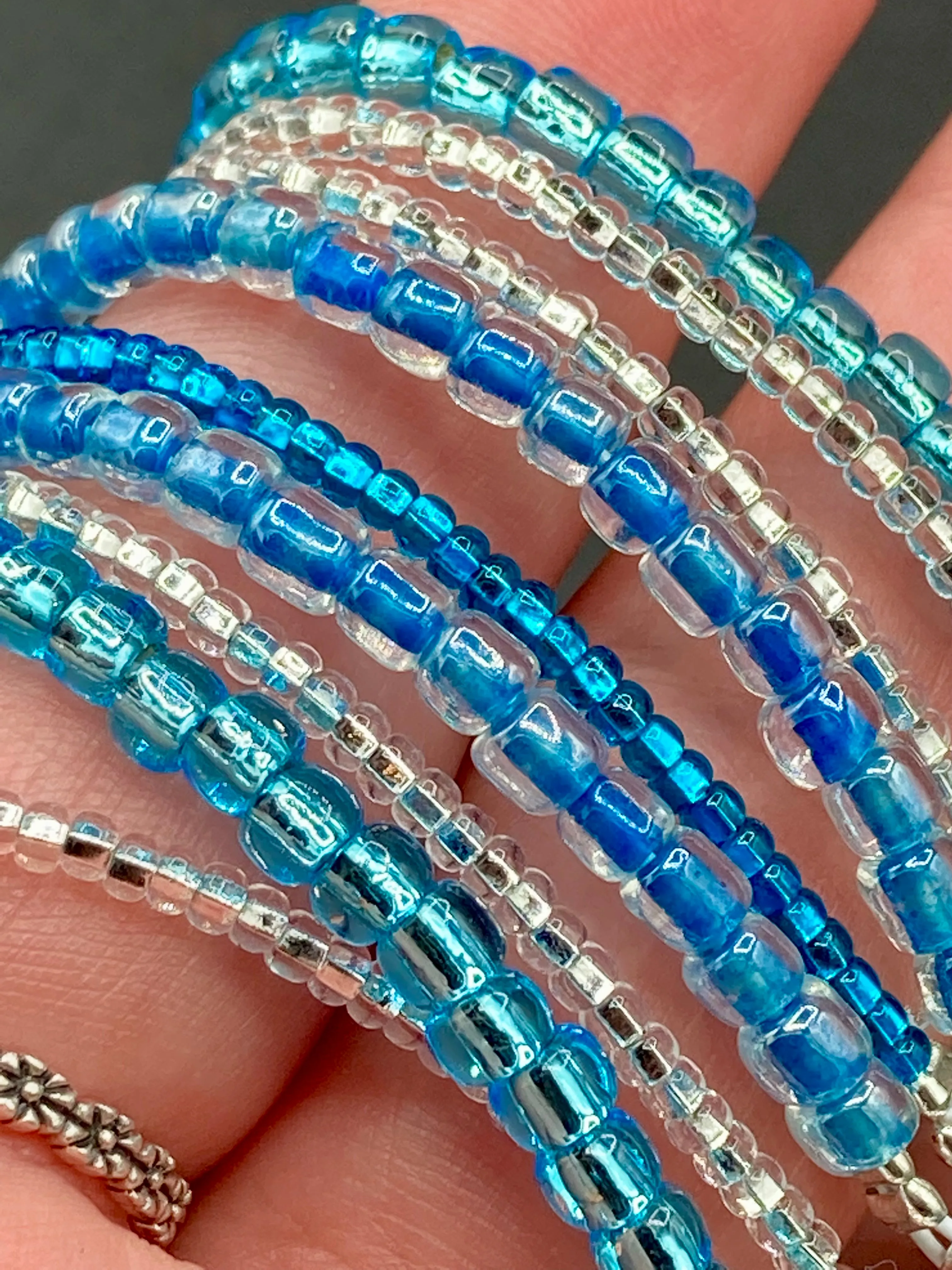 Ocean Blue Waves Nine Stands Glass Beaded Bracelet, Chunky Bohemian Style Jewelry, Hippie Nature Lover, Boho Shabby Chic, Starry Night Sky