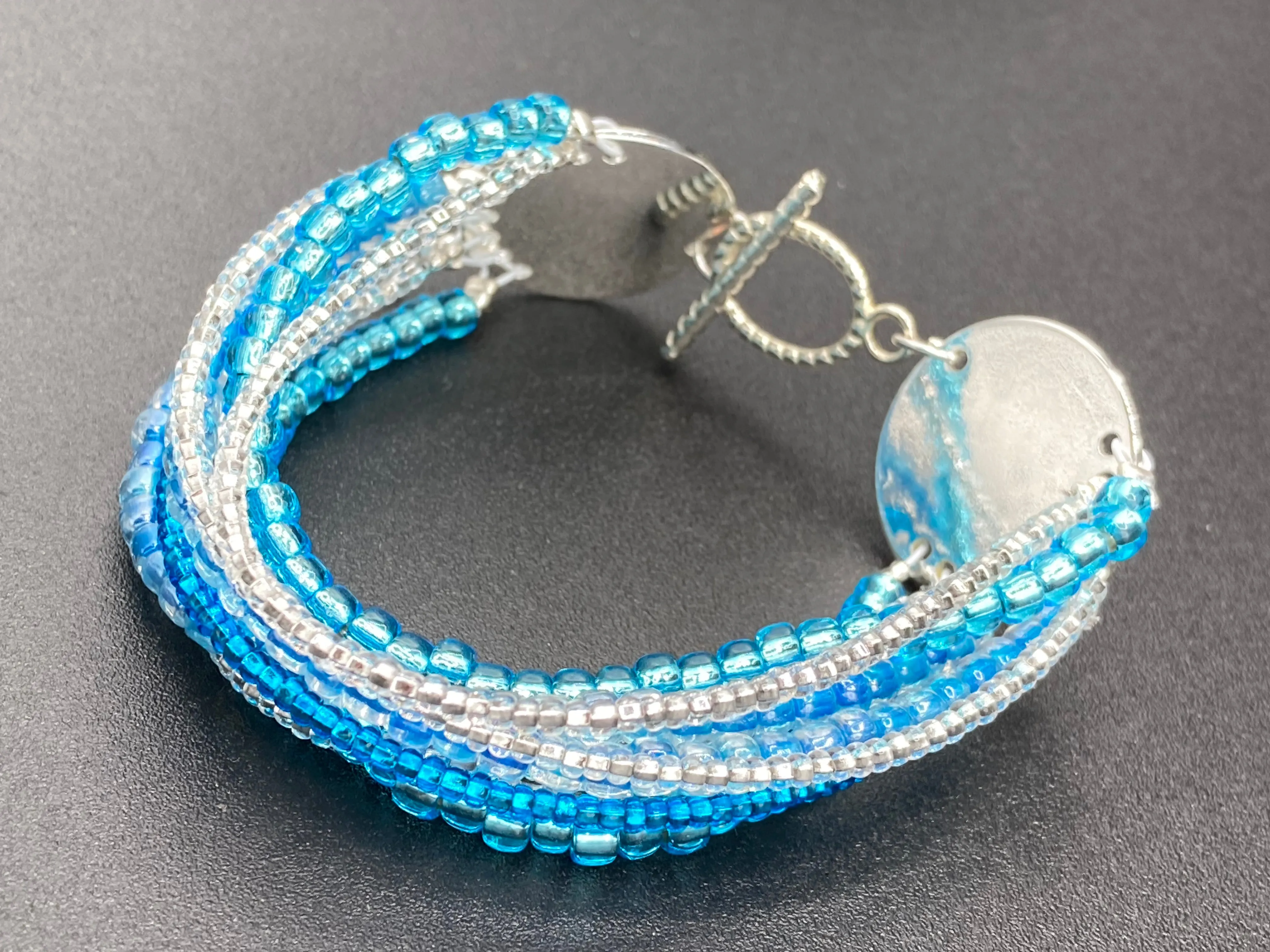 Ocean Blue Waves Nine Stands Glass Beaded Bracelet, Chunky Bohemian Style Jewelry, Hippie Nature Lover, Boho Shabby Chic, Starry Night Sky