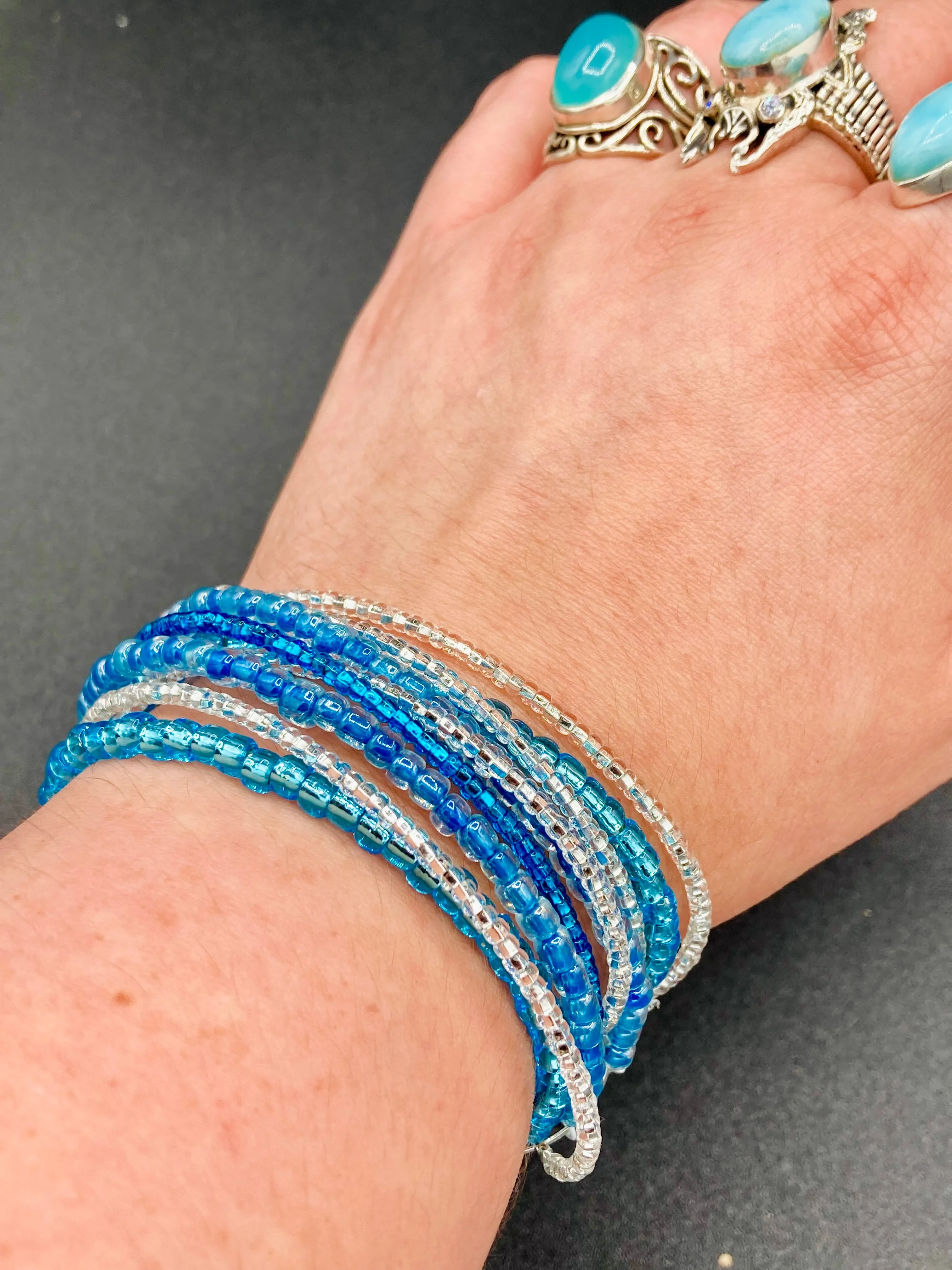 Ocean Blue Waves Nine Stands Glass Beaded Bracelet, Chunky Bohemian Style Jewelry, Hippie Nature Lover, Boho Shabby Chic, Starry Night Sky