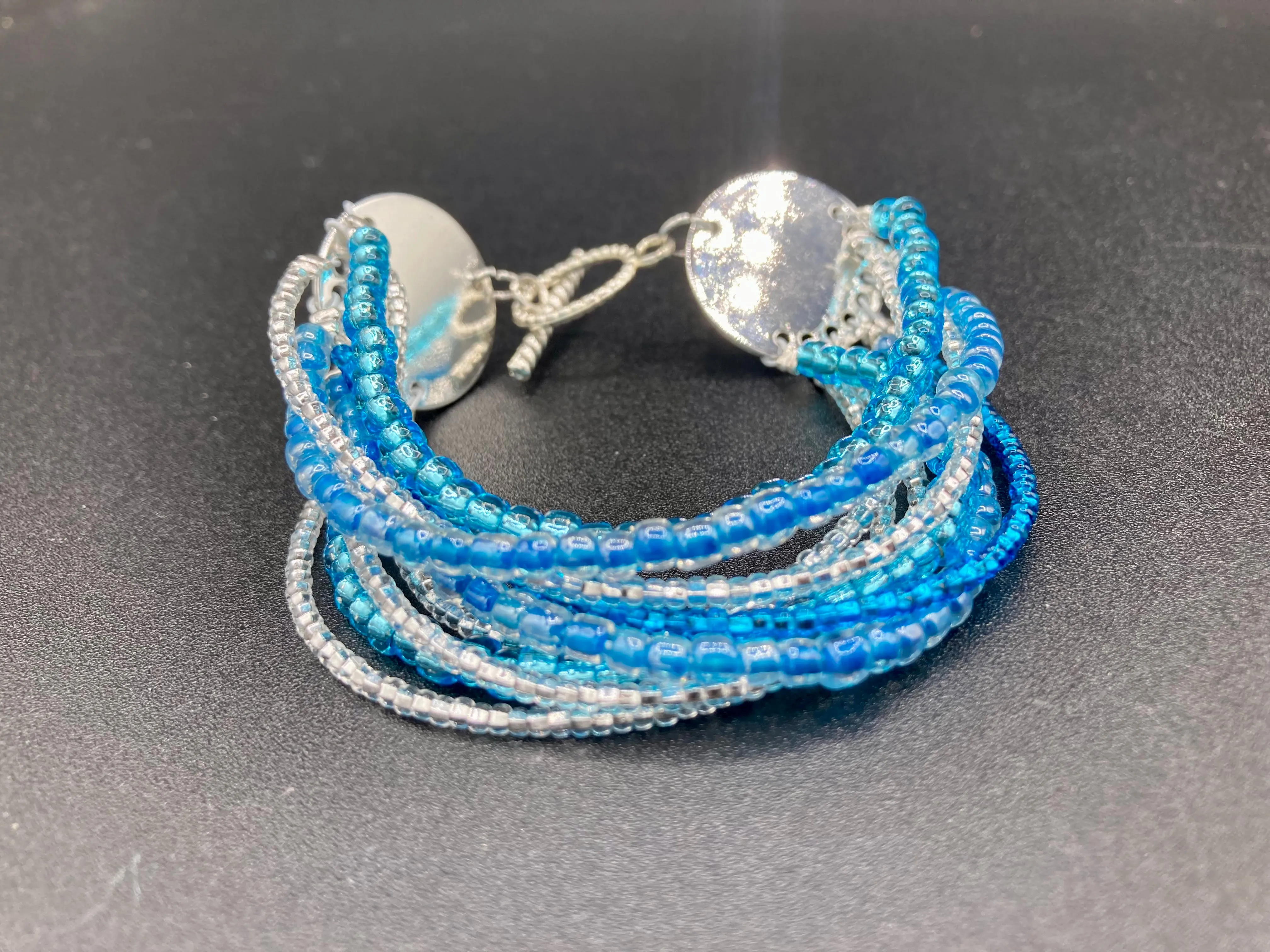 Ocean Blue Waves Nine Stands Glass Beaded Bracelet, Chunky Bohemian Style Jewelry, Hippie Nature Lover, Boho Shabby Chic, Starry Night Sky
