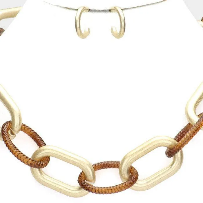 Open Oval Brown & Gold Link Necklace Set