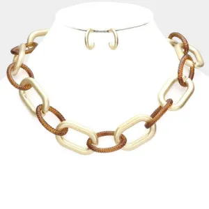 Open Oval Brown & Gold Link Necklace Set