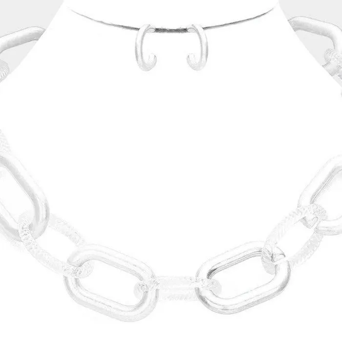 Open Oval Clear Resin & Silver Tone Link Necklace Set