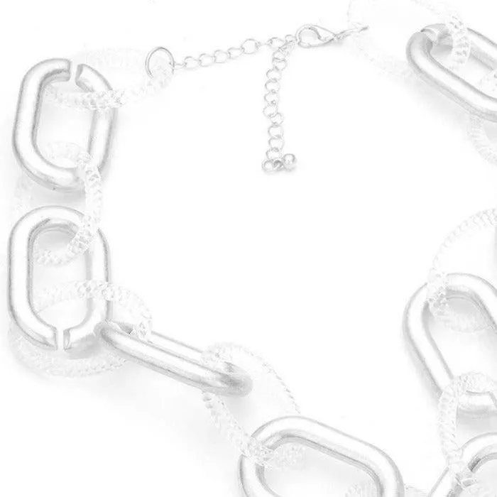 Open Oval Clear Resin & Silver Tone Link Necklace Set