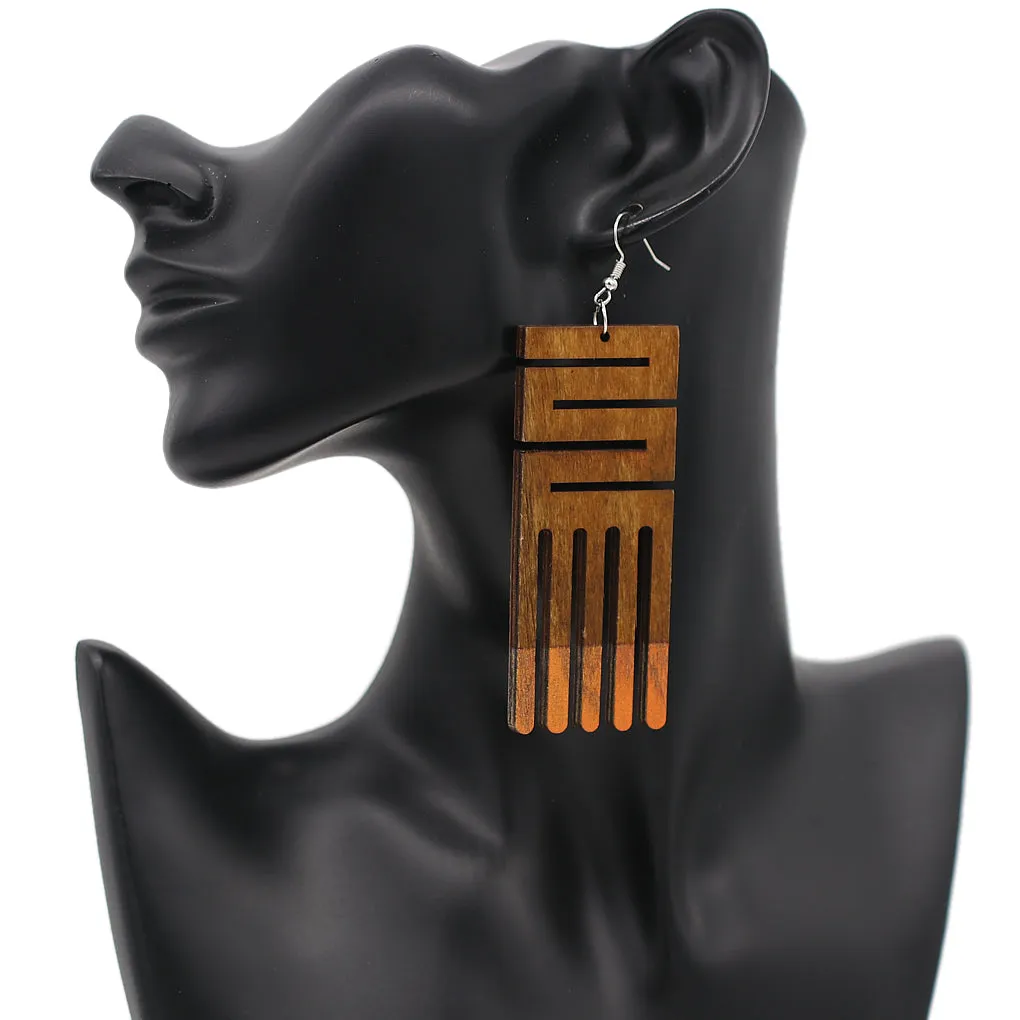 Orange Maze Geometric Wooden Earrings