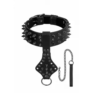 Ouch! Skulls and Bones - Neck Chain with Spikes and Leash - Black