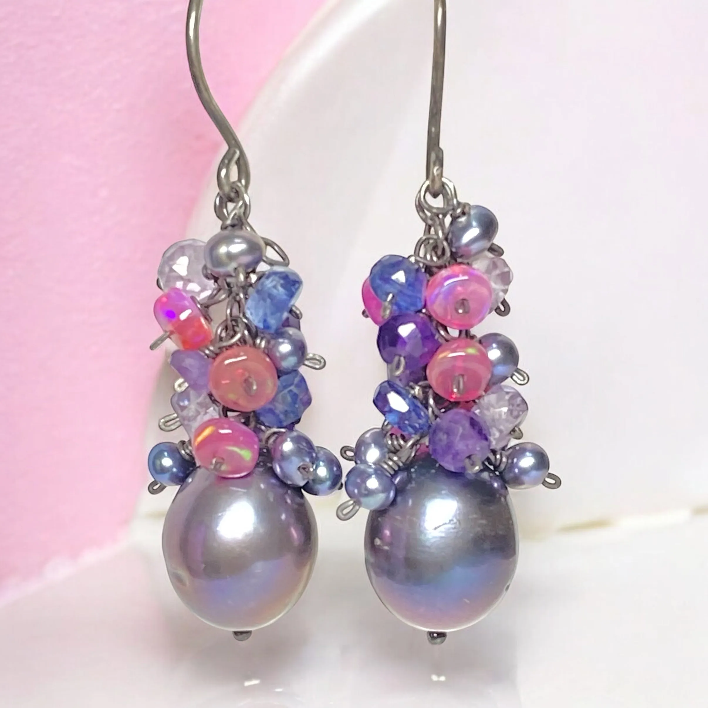 Peacock Pearl Cluster Earrings with Amethyst, Iolite and Pink Opals in Oxidized Sterling Silver