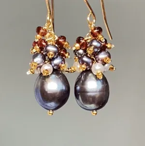 Peacock Pearl Cluster Earrings with Red Garnet in Gold Fill
