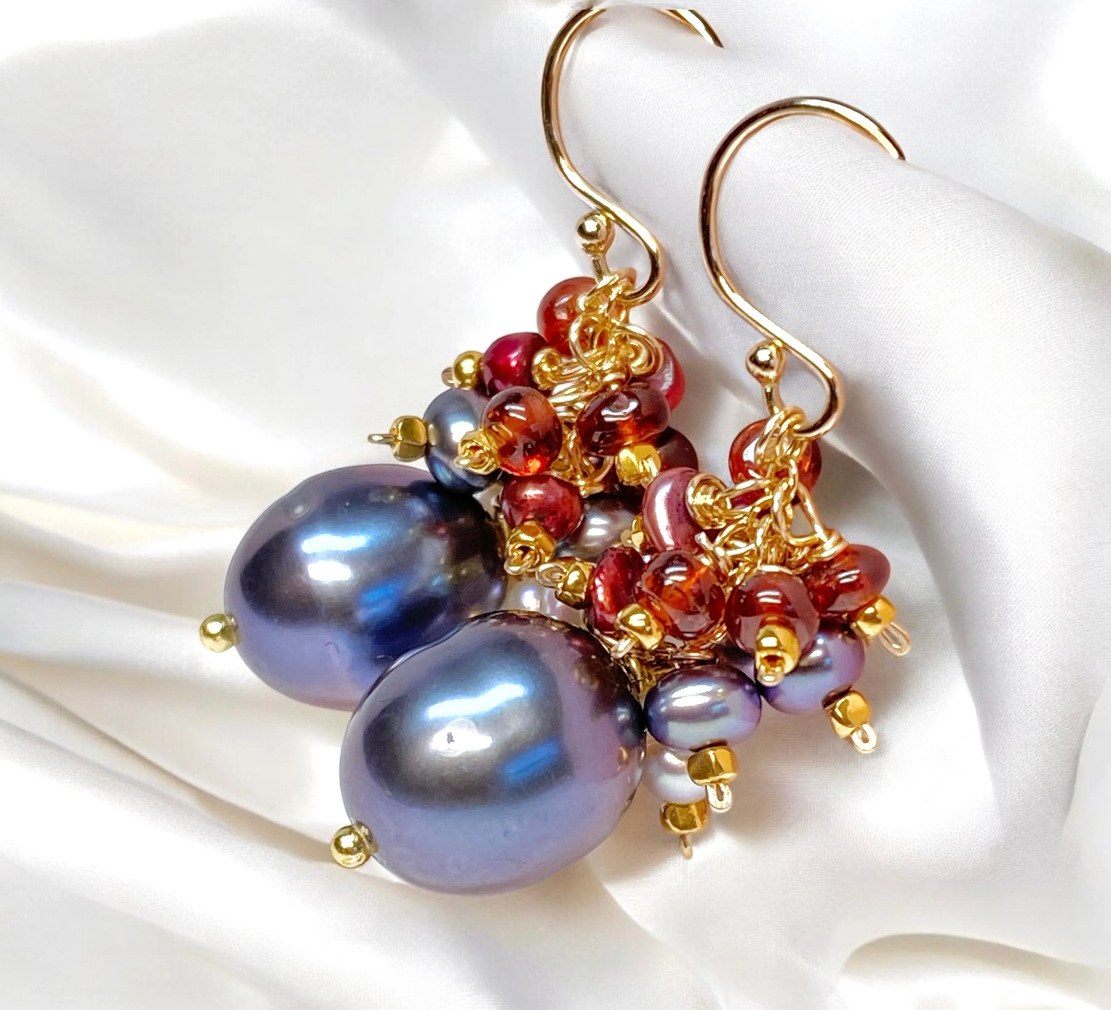Peacock Pearl Cluster Earrings with Red Garnet in Gold Fill
