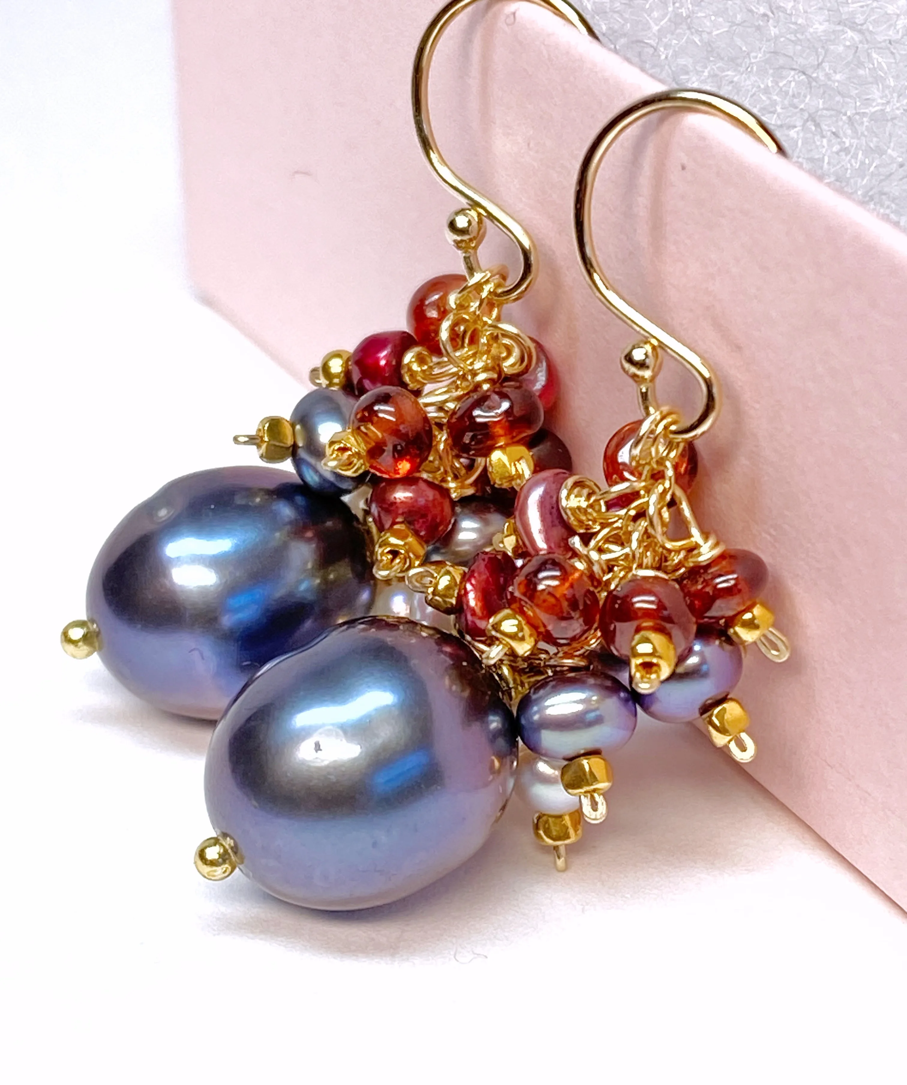Peacock Pearl Cluster Earrings with Red Garnet in Gold Fill