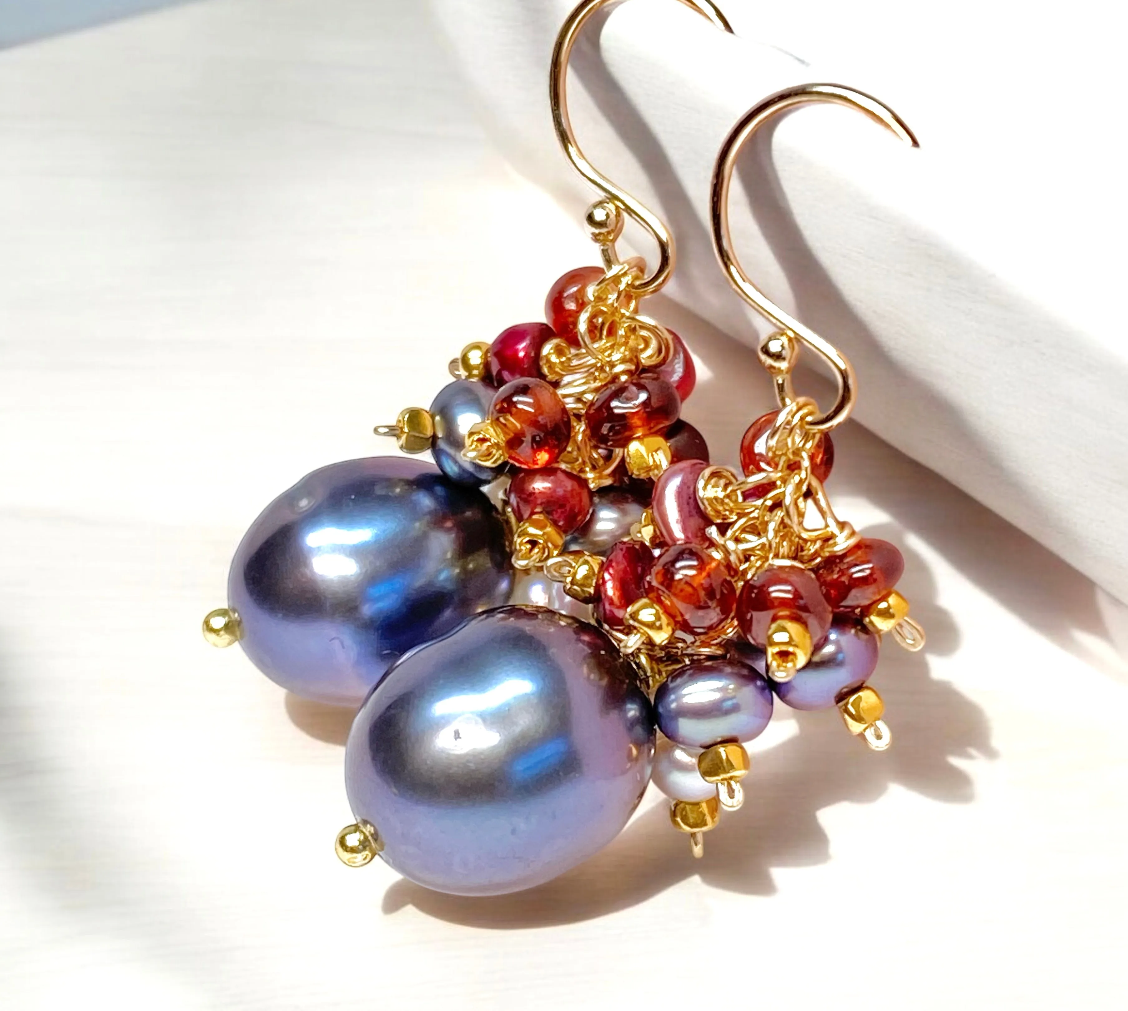Peacock Pearl Cluster Earrings with Red Garnet in Gold Fill