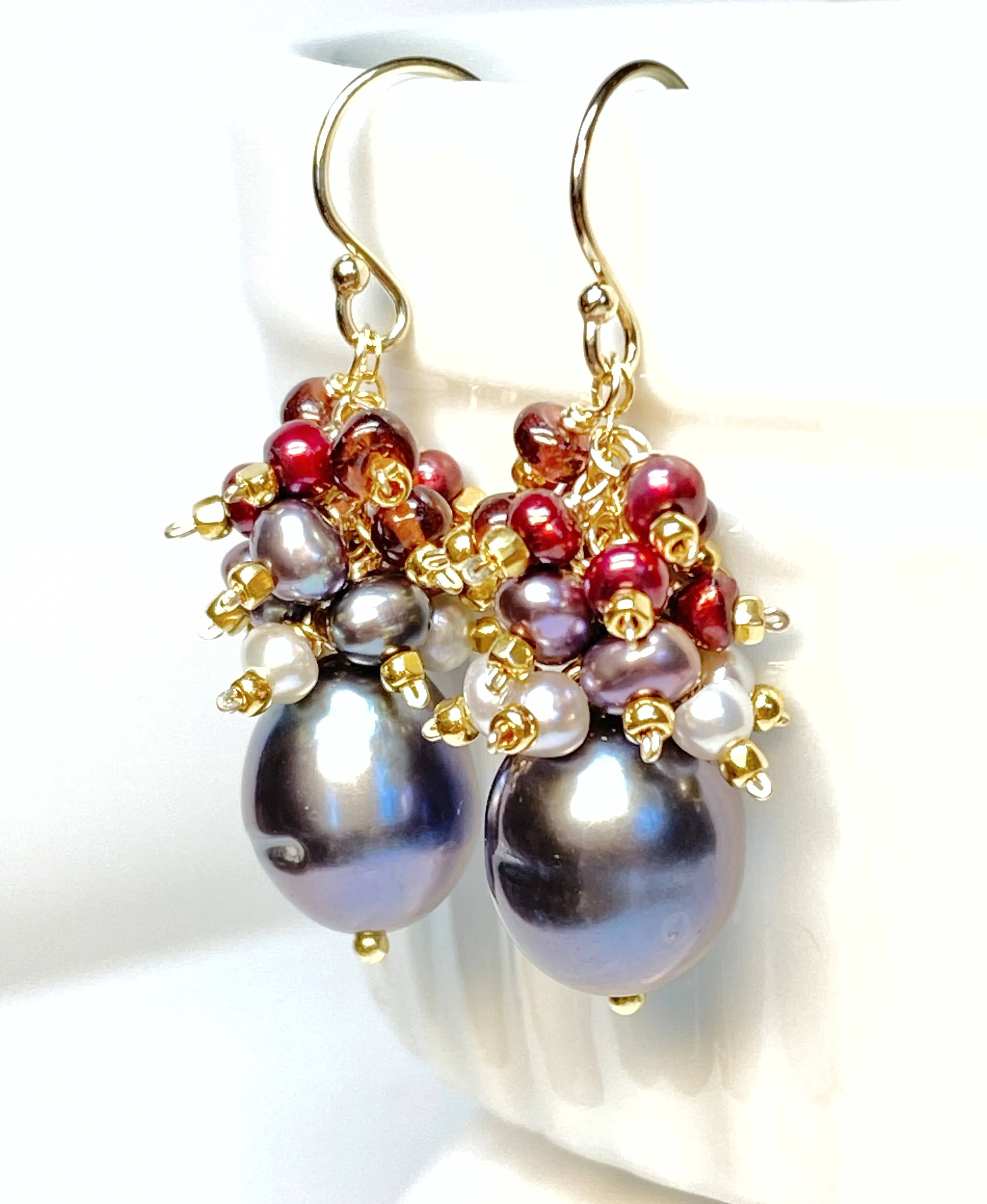 Peacock Pearl Cluster Earrings with Red Garnet in Gold Fill