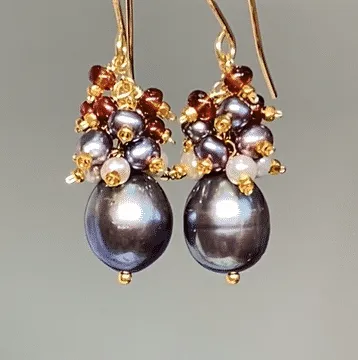 Peacock Pearl Cluster Earrings with Red Garnet in Gold Fill