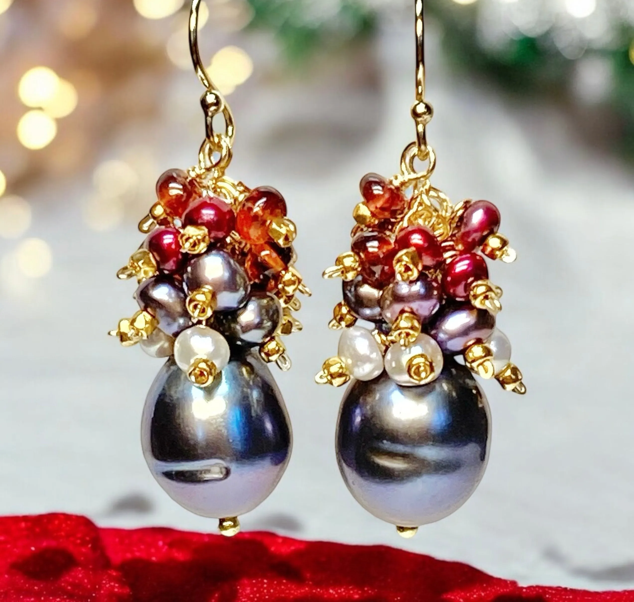 Peacock Pearl Cluster Earrings with Red Garnet in Gold Fill
