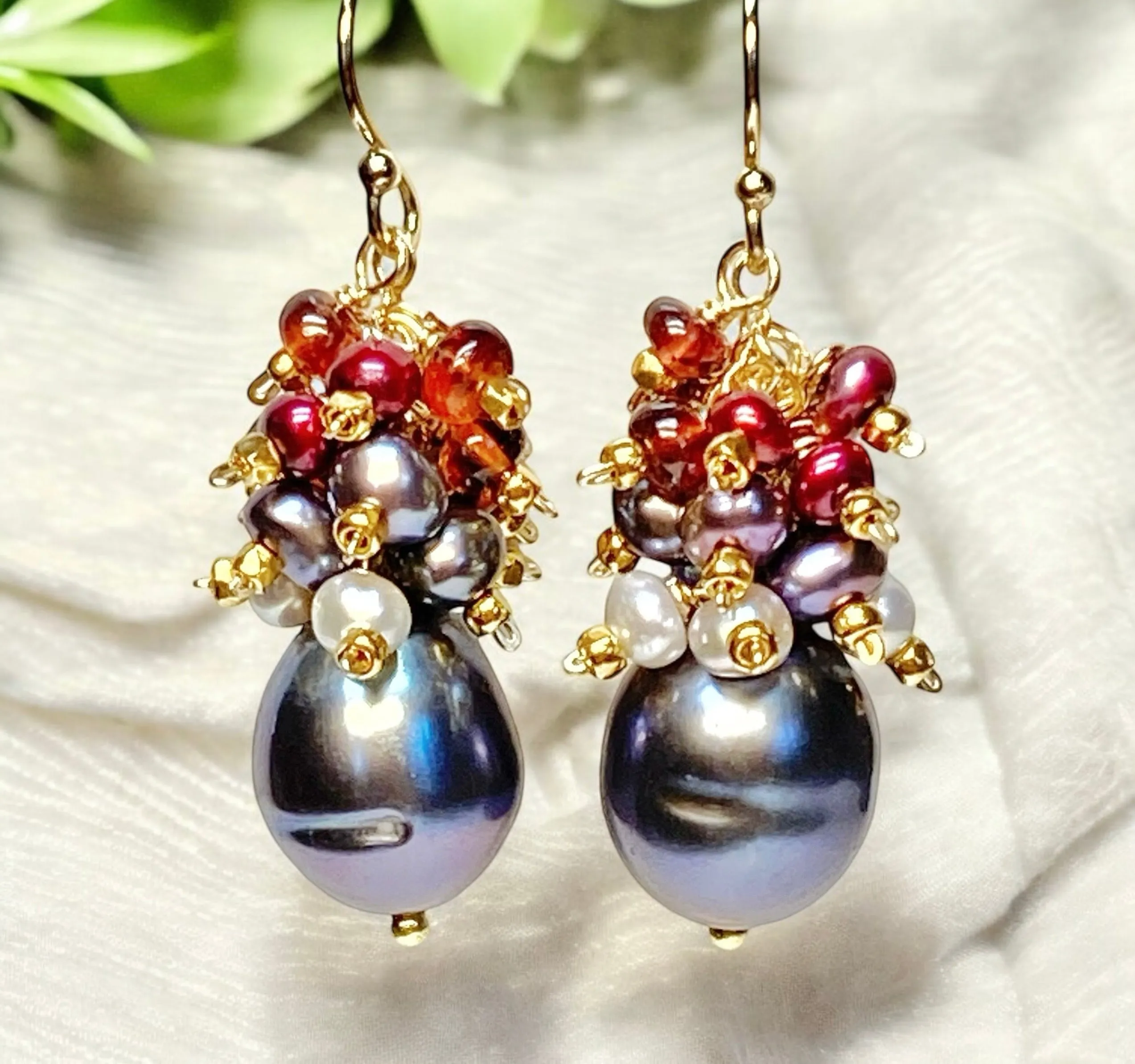 Peacock Pearl Cluster Earrings with Red Garnet in Gold Fill