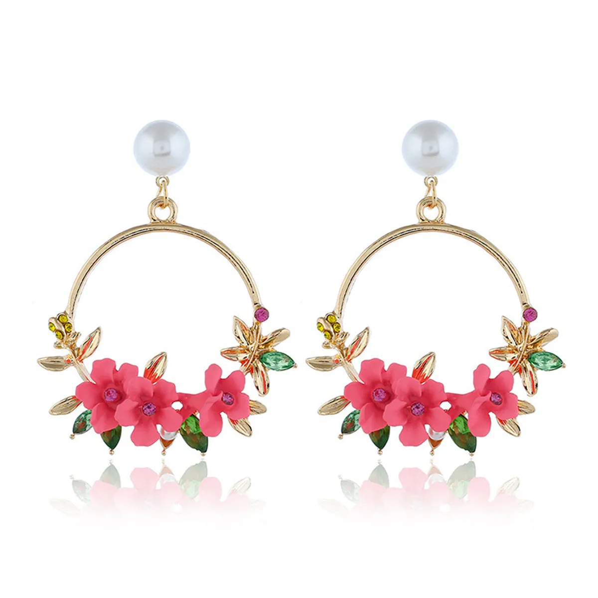 Pearl & Cubic Zirconia Pink Resin Floral Wreath Drop Earrings