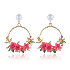 Pearl & Cubic Zirconia Pink Resin Floral Wreath Drop Earrings
