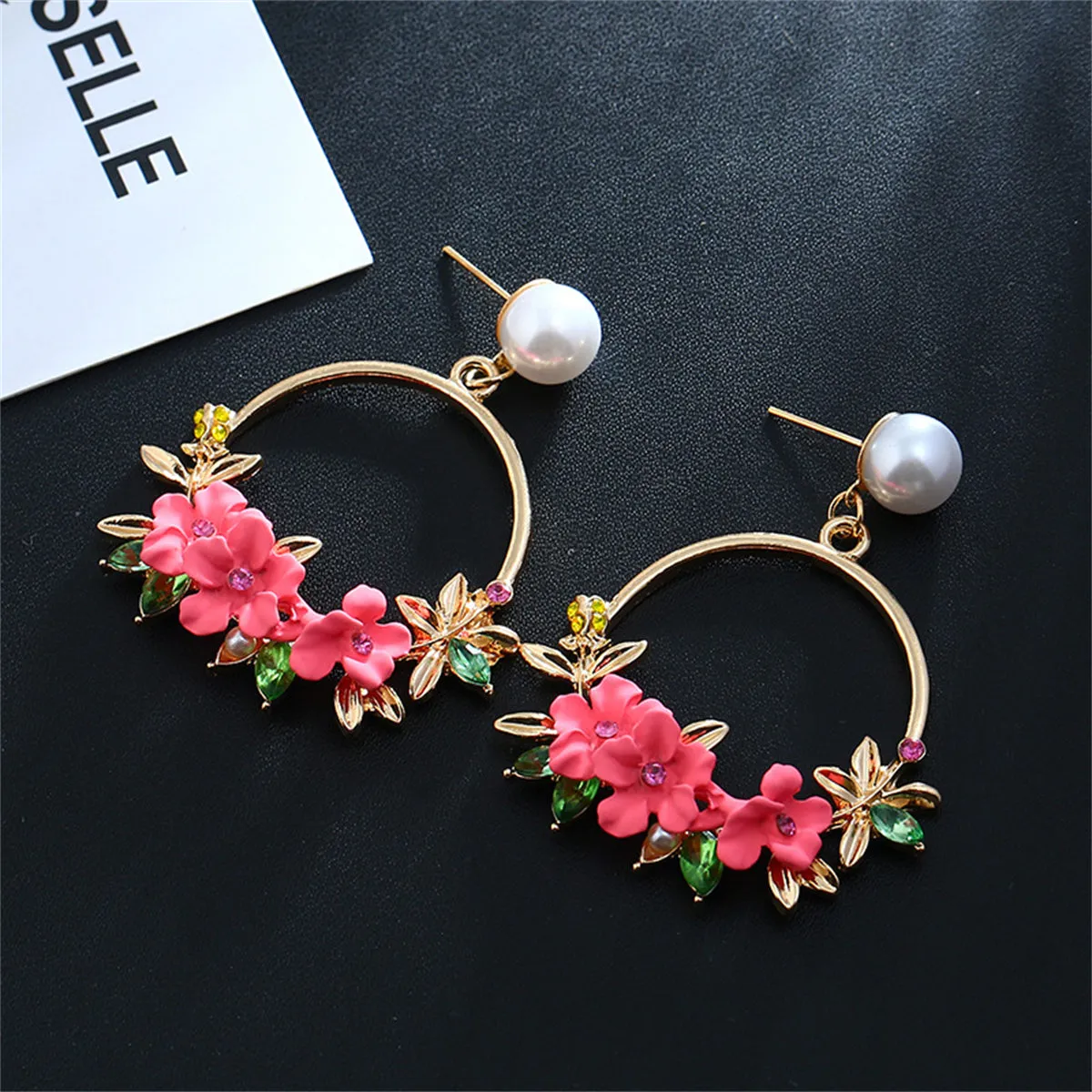Pearl & Cubic Zirconia Pink Resin Floral Wreath Drop Earrings