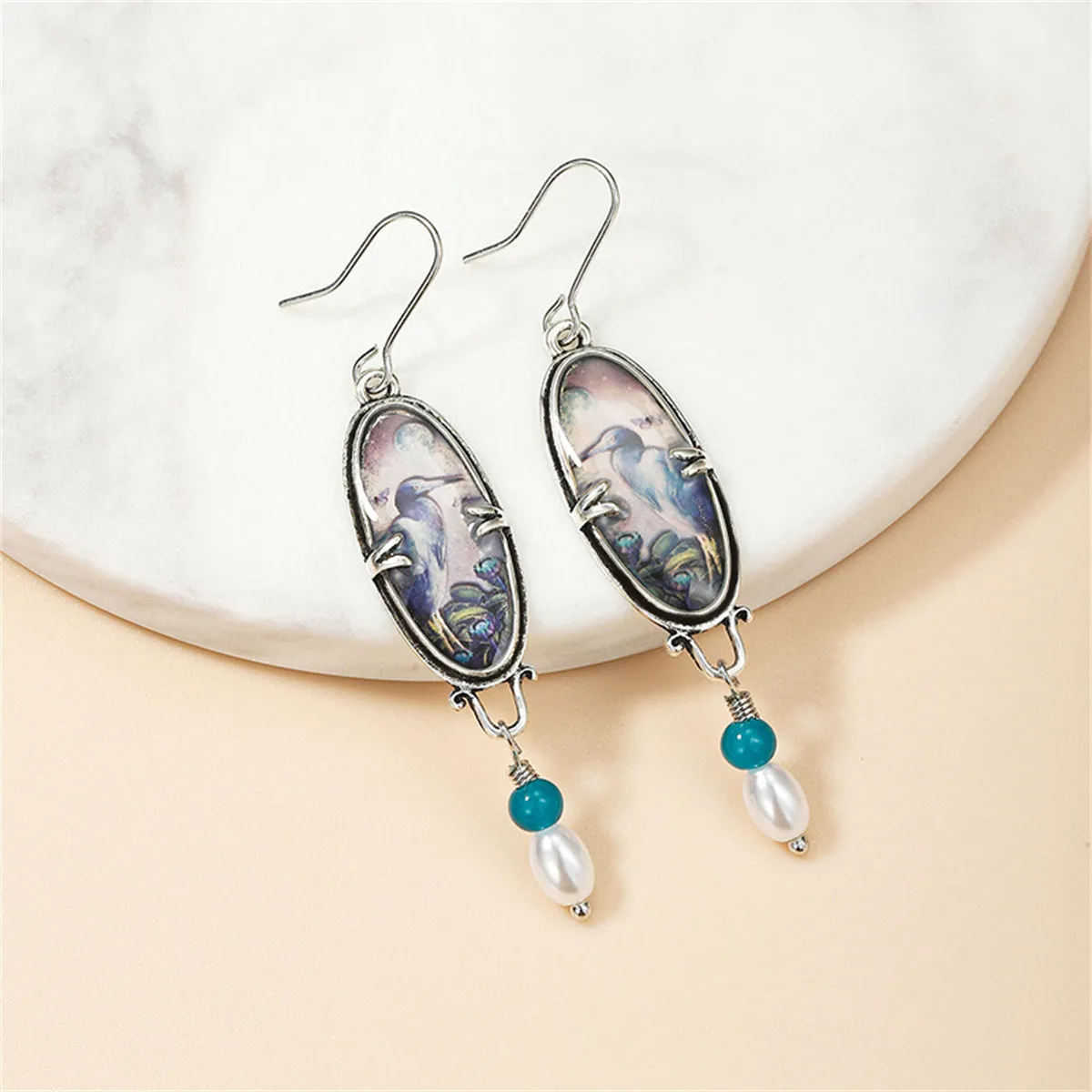 Pearl & Green Resin Crane Oval Drop Earrings