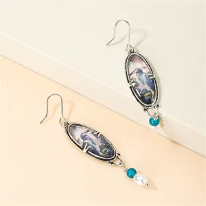 Pearl & Green Resin Crane Oval Drop Earrings