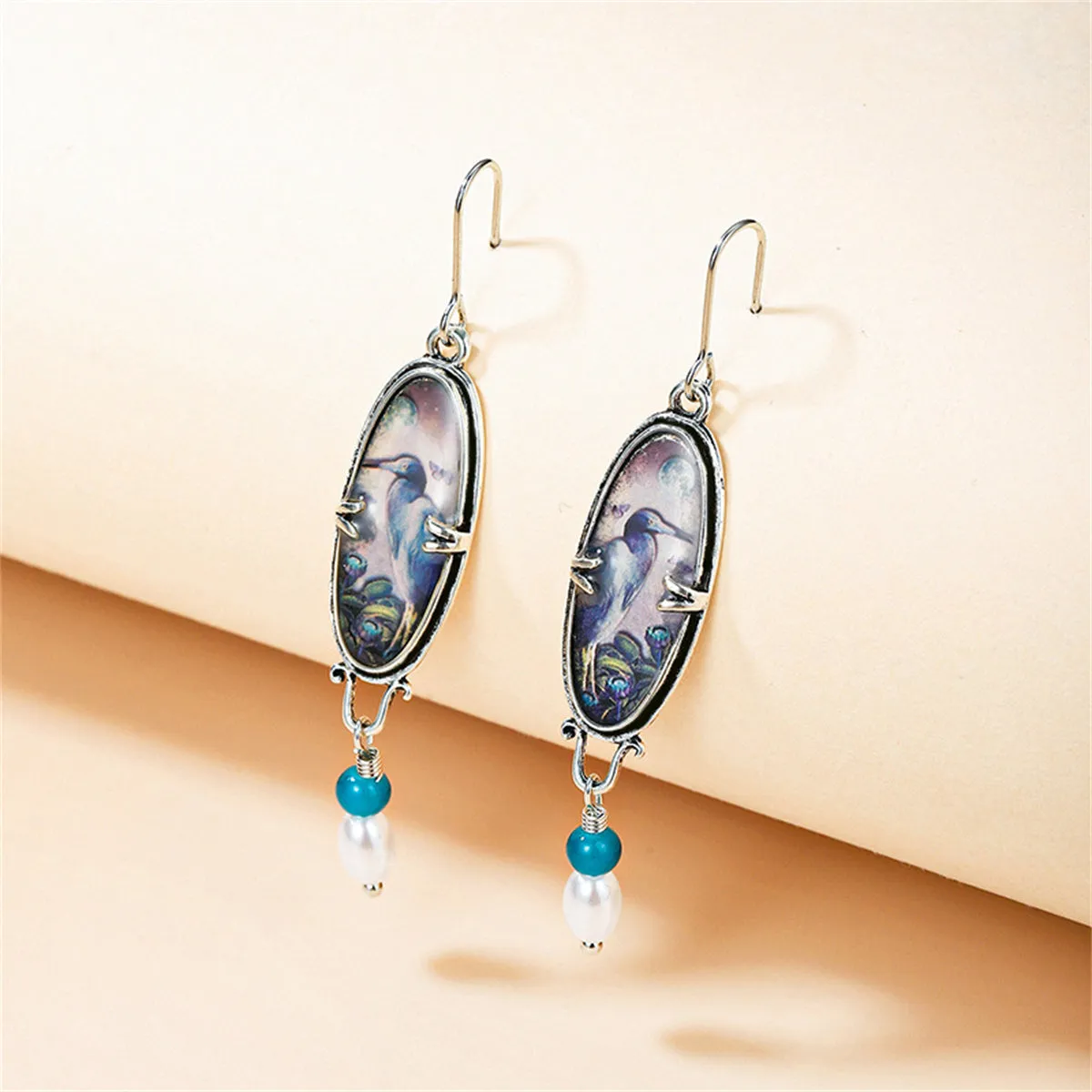Pearl & Green Resin Crane Oval Drop Earrings
