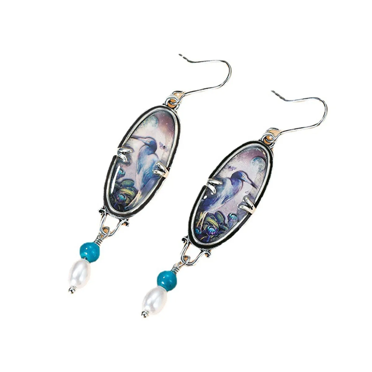 Pearl & Green Resin Crane Oval Drop Earrings