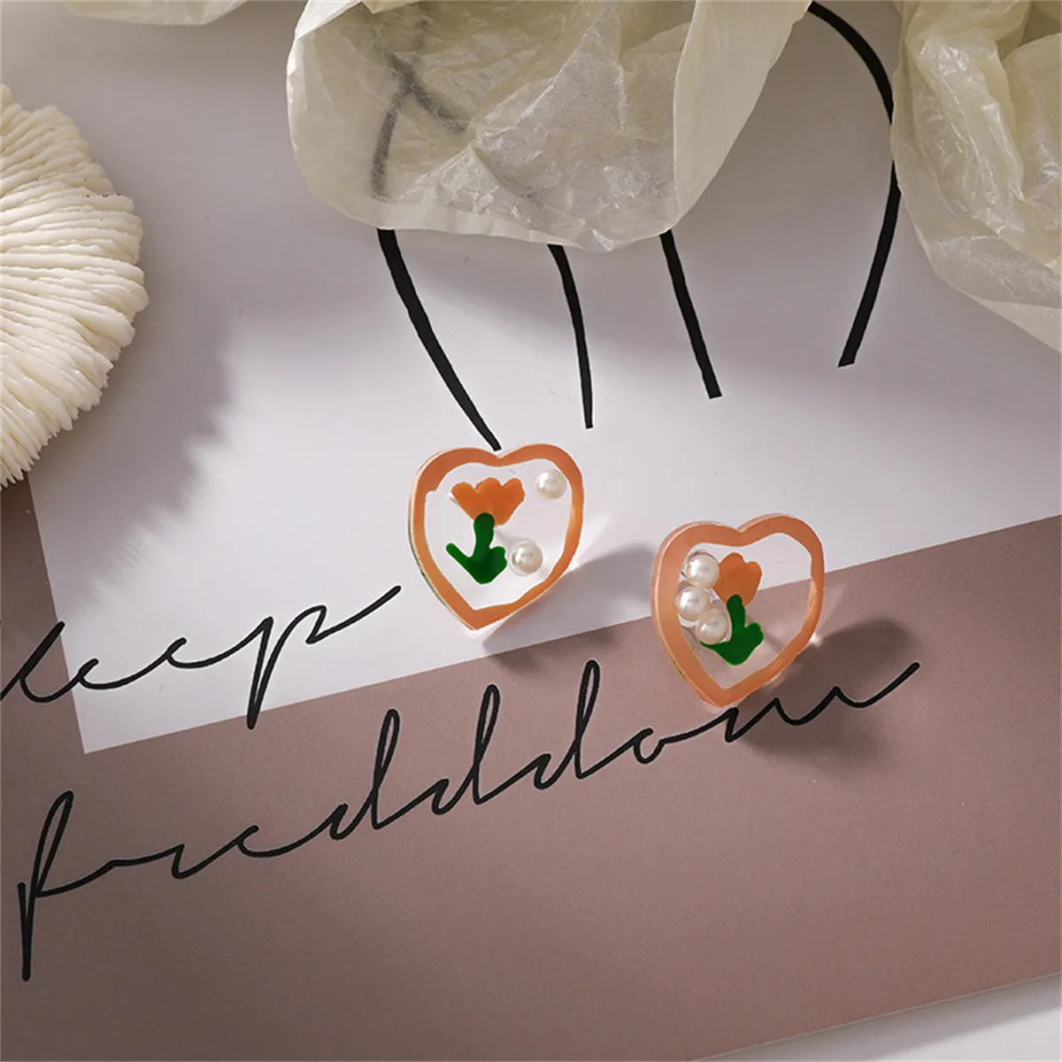 Pearl & Resin Floral Heart Stud Earrings