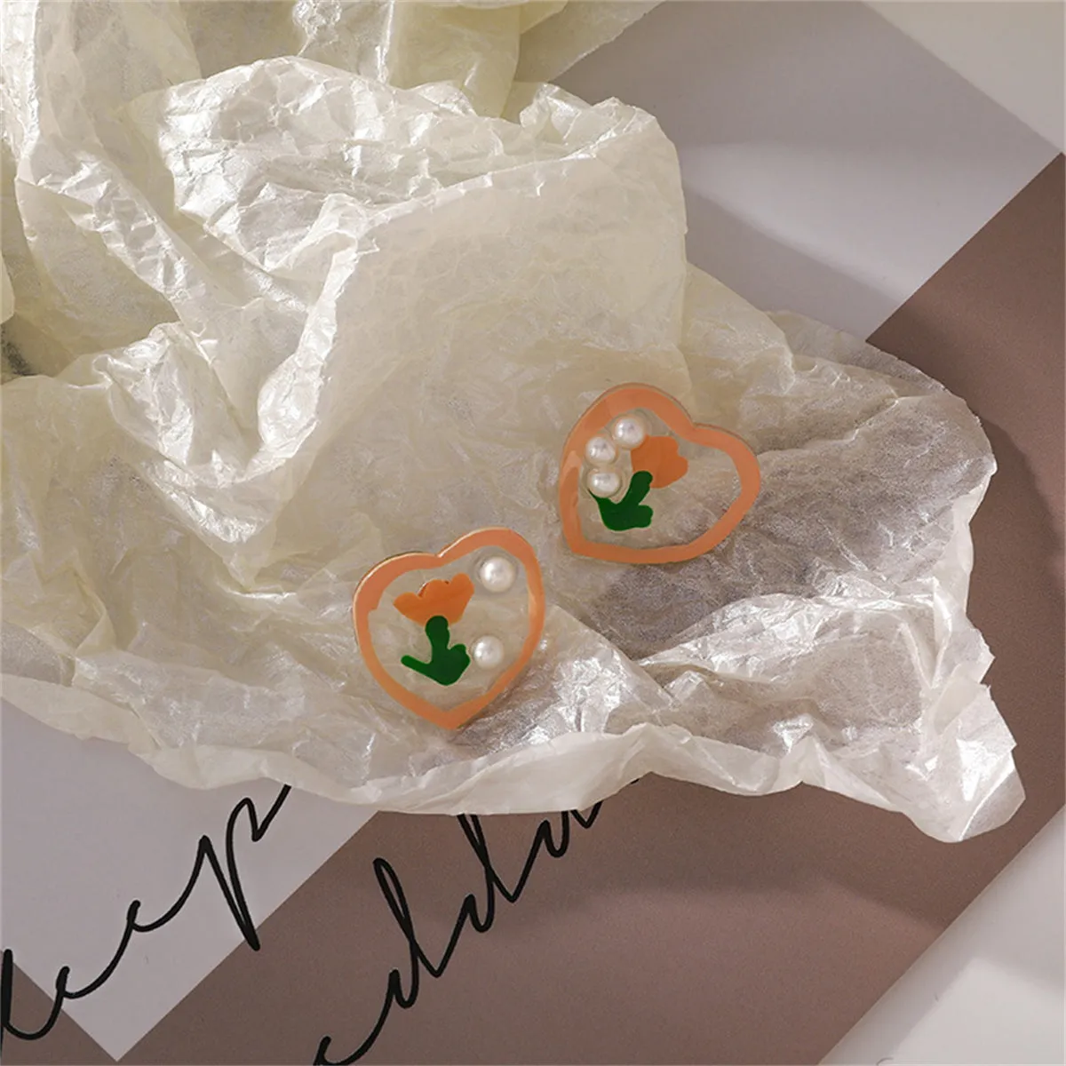 Pearl & Resin Floral Heart Stud Earrings