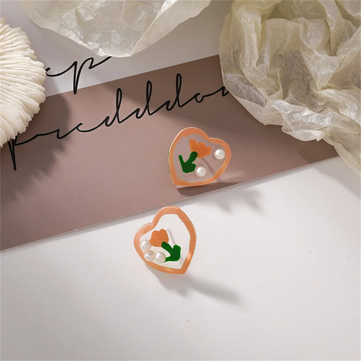 Pearl & Resin Floral Heart Stud Earrings
