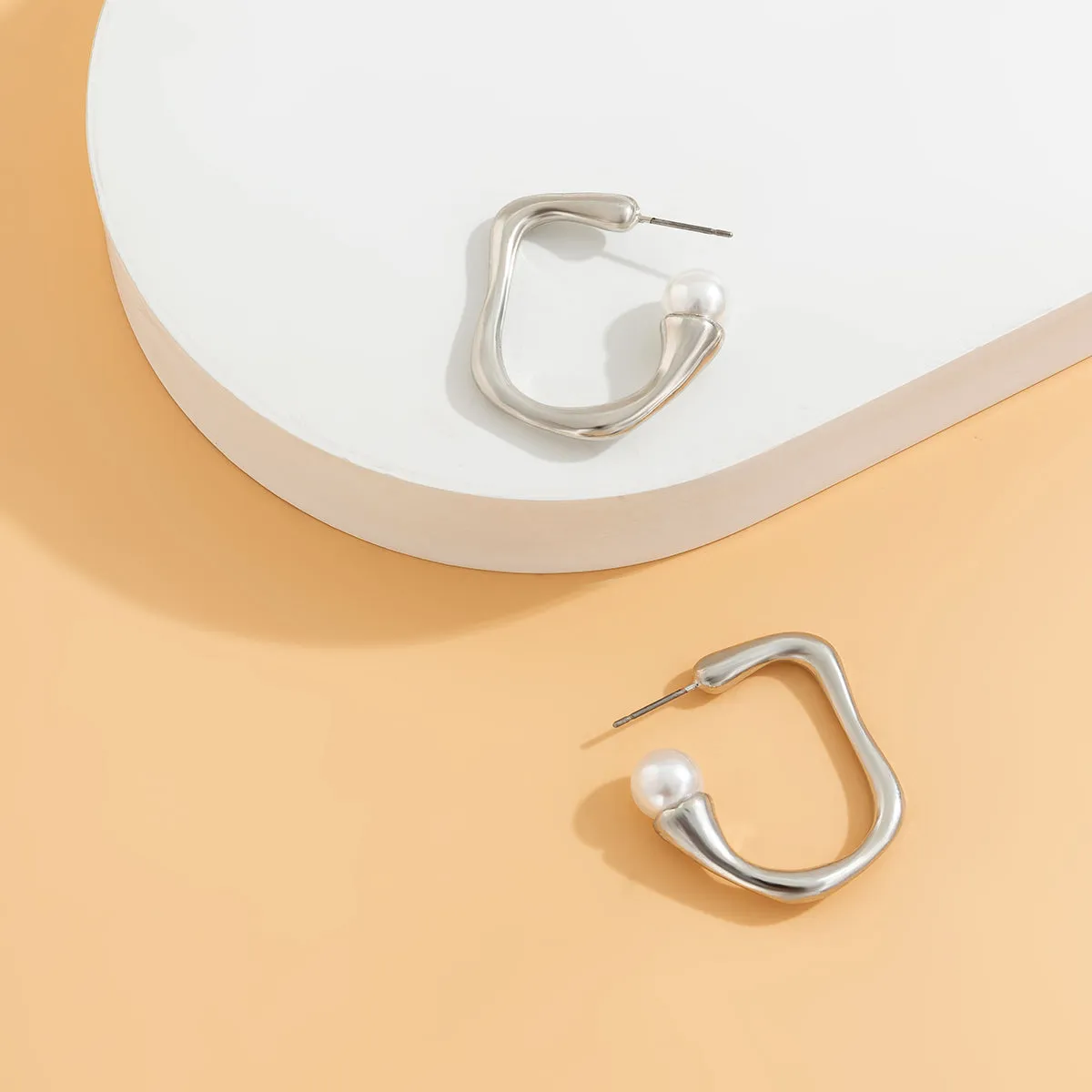 Pearl & Silver-Plated Curved Hoop Earring