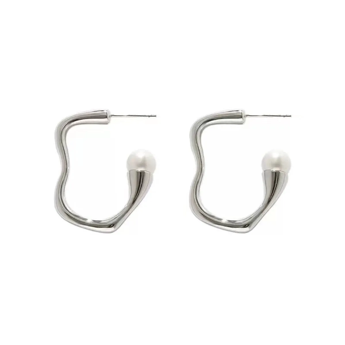 Pearl & Silver-Plated Curved Hoop Earring